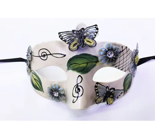 ve Çiçek İşlemeli Venedik Maskesi Siyah Renk 10x18 cm