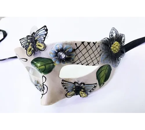 ve Çiçek İşlemeli Venedik Maskesi Siyah Renk 10x18 cm