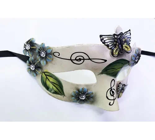 ve Çiçek İşlemeli Venedik Maskesi Siyah Renk 10x18 cm