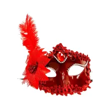 Kırmızı Mat Renk Yandan Tüylü Güllü Parti Balo Venedik Maskesi 16x22