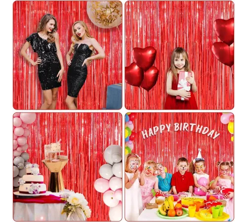 Kırmızı Renk Ekstra Metalize Parlak Saçaklı Arka Fon Perde İthal 1x2 Metre