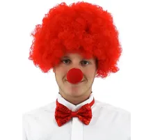 Kırmızı Renk Kıvırcık Afro Bonus Peruk Takma Saç ve Kırmızı Burun Seti