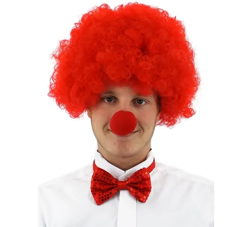 Kırmızı Renk Kıvırcık Afro Bonus Peruk Takma Saç ve Kırmızı Burun Seti