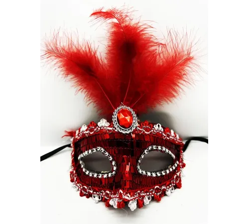 Kırmızı Renk Payetli Pullu Tüylü Parti Maskesi 17x20 cm