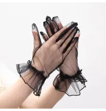 Kısa Boy Likralı Güpürlü Yetişkin Tül Eldiven Siyah Renk