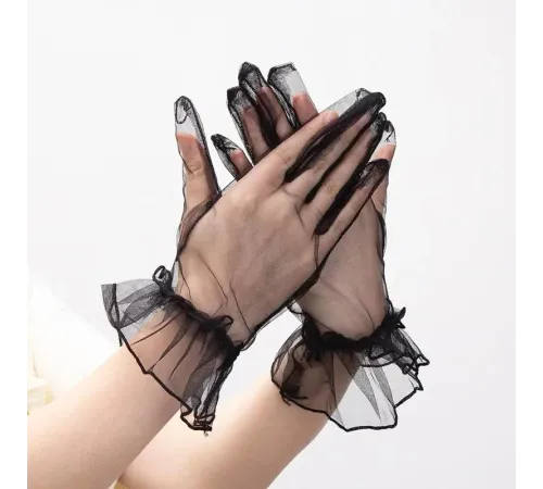 Kısa Boy Likralı Güpürlü Yetişkin Tül Eldiven Siyah Renk