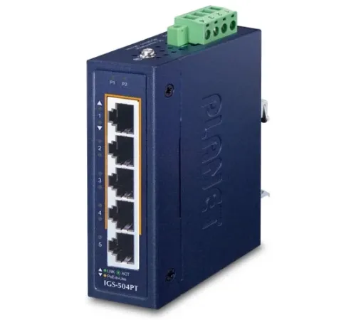 Kompakt Endüstriyel Ethernet Switch (Compact Industrial Ethernet Switch)<br>
4-Port 10/100/1000T 802.3at PoE +<br>
1-Port 10/100/1000T<br>
-40~75 derece C