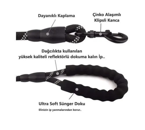 Köpekler İçin Gezdirme Tasması Reflektörlü 130 cm Halat Orta ve Büyük Boy Köpekler İçin Siyah