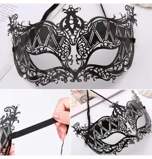 Kristal Gümüş Taşlı Siyah Renk Metal Lüks Maske Balo Parti