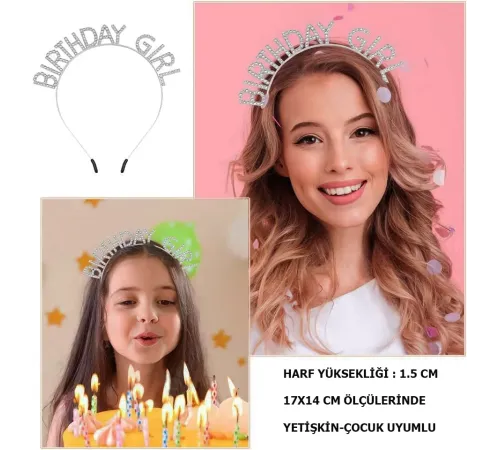 Kristal Taşlı Gümüş Birthday Girl Yazılı Doğum Günü Parti Tacı 19x11 cm