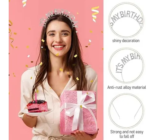 Kristal Taşlı Gümüş Renk İt's My Birthday Yazılı Doğum Günü Parti Tacı 14x16 cm