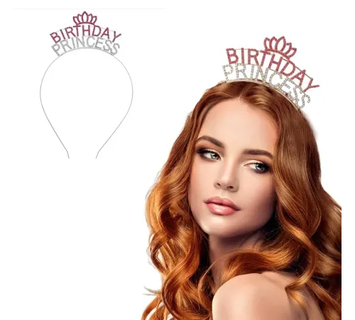 Kristal Taşlı Pembe Birthday Princess Yazılı Parti Tacı 19x11 cm