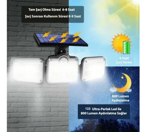 Kumandalı Solar Güneş Enerjili 122 Ledli Hareket Sensörlü Bahçe Aydınlatma Sokak Lambası