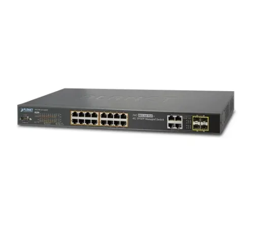 L2+ Yönetilebilir Switch (L2+ Managed Switch)<br>
16-Port 10/100/1000Base-T IEEE 802.3 at/af PoE+ Injector (Port başına 30.8 watt) (PoE Güç Bütçesi maks. 230 watt)<br>
4-Port 10/100/1000Mbps TP ve SFP (Port-17 ile Port-20 arası paylaşımlı) (10