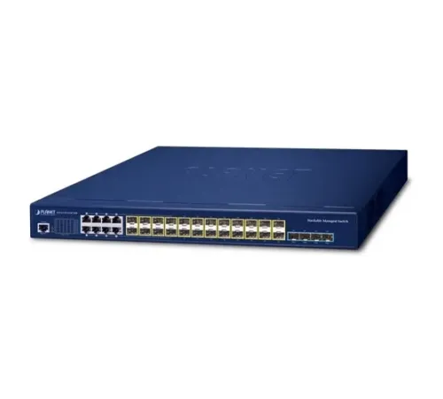 Layer 3 Stack Edilebilir Switch (Layer 3 Stackable Switch)<br>
24 x 100/1000X SFP yuva<br>
8 x 10/100/1000T combo port<br>
4 x 1G/10G SFP+ yuva<br>
1 x Konsol port<br>
Çift Güç Kaynağı (100~240V AC)