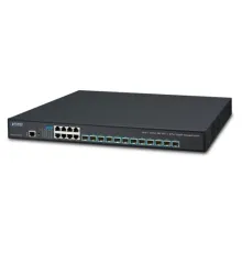 Layer 3 Yönetilebilir Switch (Layer 3 Managed Switch)<br>
12 x 10GBASE-SR/LR SFP+ yuva (1000BASE-SX/LX/BX SFP uyumlu)<br>
8 x 10/100/1000T<br>	
Çift 100~240V AC Yedek Güç<br>
Konsol port