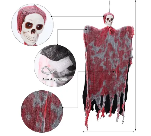 Led Işıklı Kahkaha Atan Sesli Sensörlü Ürpertici Kuru Kafa Kanlı Korku Hayalet Saçak Dekor 90x50 cm