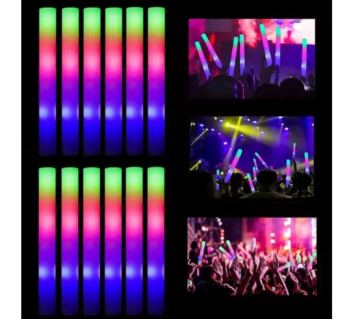 Led Işıklı Rengarenk Sünger Parti Çubuk Işıklı Kauçuk Sopa 46 cm 12 Adet