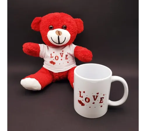 Love Tasarımlı Kupa Bardak Ve Kırmızı Ayıcık Seti