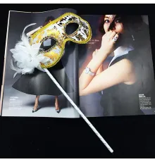 Lüks Taşlı Saplı Maskeli Balo Maskesi Beyaz Renk 35 cm