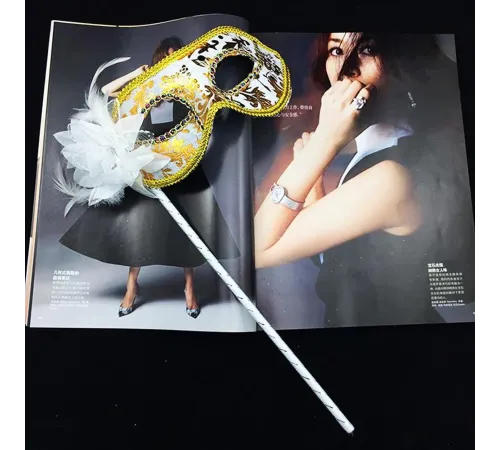 Lüks Taşlı Saplı Maskeli Balo Maskesi Beyaz Renk 35 cm