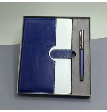 Mavi Beyaz Deri Kapaklı Defter Ve Metal Kalem Set