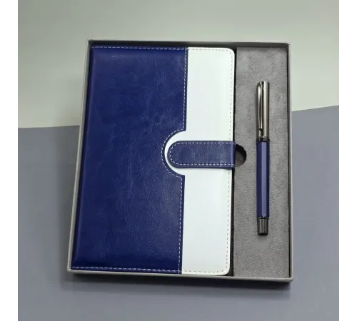 Mavi Beyaz Deri Kapaklı Defter Ve Metal Kalem Set