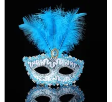 Mavi Dantel İşlemeli Mavi Tüylü Balo Parti Maskesi 17x20 cm
