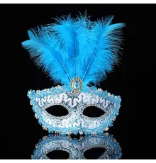 Mavi Dantel İşlemeli Mavi Tüylü Balo Parti Maskesi 17x20 cm
