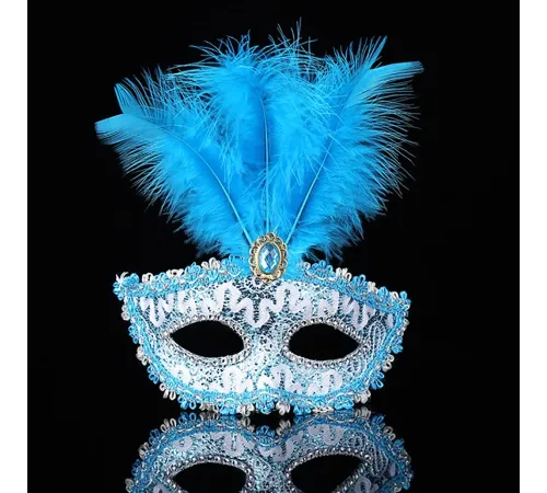 Mavi Dantel İşlemeli Mavi Tüylü Balo Parti Maskesi 17x20 cm