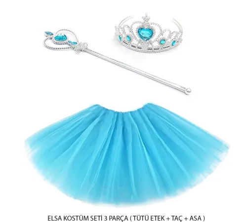 Mavi Prenses Elsa Kostüm Seti 3 Parça (Tütü Etek + Taç + Asa )