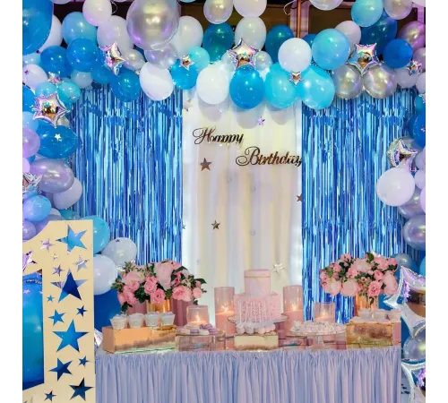 Mavi Renk Ekstra Metalize Parlak Saçaklı Arka Fon Perde İthal 1x2 Metre