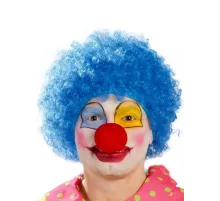 Mavi Renk Kıvırcık Afro Bonus Peruk Takma Saç ve Kırmızı Burun Seti