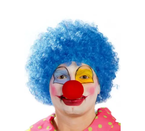 Mavi Renk Kıvırcık Afro Bonus Peruk Takma Saç ve Kırmızı Burun Seti