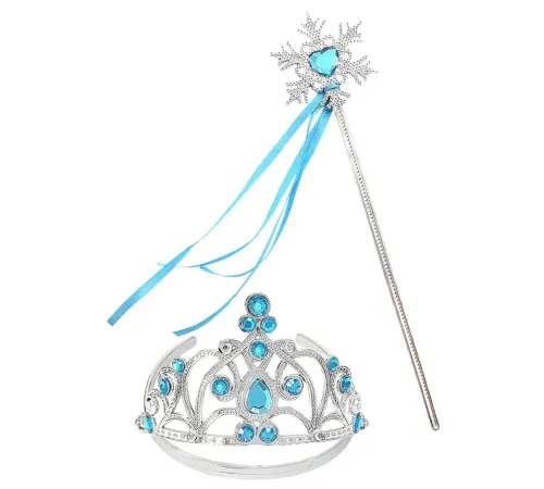 Mavi Taşlı Elsa Çocuk Taç ve Kar Temalı Kurdeleli Elsa Asası Sopası