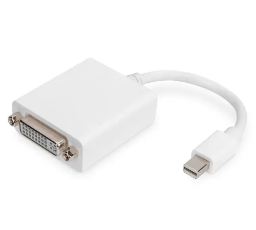 Digitus Mini DisplayPort (DP) <-> DVI-I Adaptörü, Kablolu, mini DP Erkek <->- DVI-I (24+5) Dişi, 0.15 metre, DP 1.1a uyumlu, DP 1.2 uyumlu, 2x zırhlı, UL, CE, nikel kaplama, beyaz renk