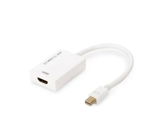 Mini DisplayPort (mini DP) <-> HDMI Adaptörü,  mini DP Erkek <-> HDMI Tip A Dişi, 0.20 metre, HDMI 2.0, aktif, CE, altın kaplama, beyaz renk<br>
DisplayPort Adapter Cable, mini DP - HDMI type A M/F, 0,2m, HDMI 2.0, active, CE, gold, whit