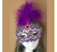 Mor Dantel İşlemeli Mor Tüylü Balo Parti Maskesi 17x20 cm