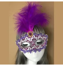Mor Dantel İşlemeli Mor Tüylü Balo Parti Maskesi 17x20 cm