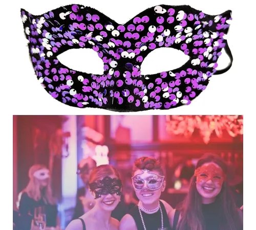 Mor Renk Arkadan Lastikli Pul Payet İşlemeli Balo After Parti Maskesi