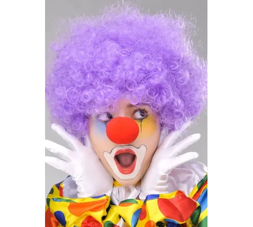 Mor Renk Kıvırcık Afro Bonus Peruk Takma Saç ve Kırmızı Burun Seti