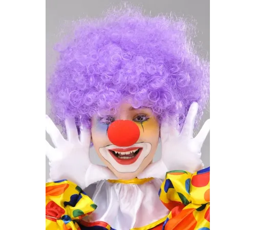 Mor Renk Kıvırcık Afro Bonus Peruk Takma Saç ve Kırmızı Burun Seti