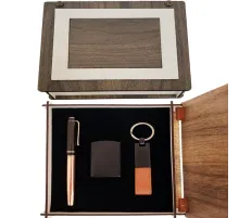 Özel Ahşap Kutulu Bakır Roller Kalem Anahtarlık ve Çakmak Set