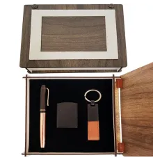 Özel Ahşap Kutulu Bakır Roller Kalem Anahtarlık ve Çakmak Set