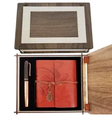 Özel Ahşap Kutulu Kahve Deri Defter ve Bakır Roller Kalem Set