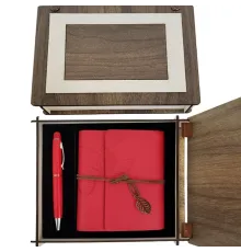 Özel Ahşap Kutulu Kırmızı Deri Defter ve Kalem Set