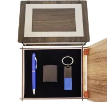 Özel Ahşap Kutulu Lacivert Kalem Anahtarlık ve Çakmak Set