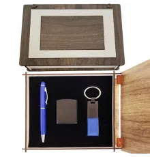 Özel Ahşap Kutulu Lacivert Kalem Anahtarlık ve Çakmak Set