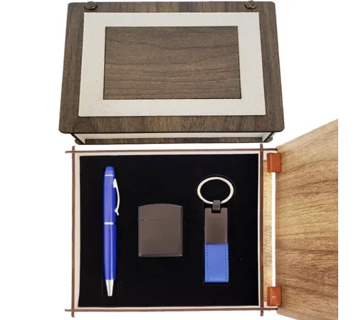Özel Ahşap Kutulu Lacivert Kalem Anahtarlık ve Çakmak Set
