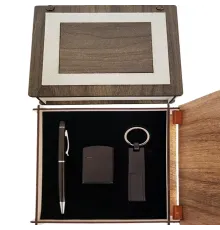 Özel Ahşap Kutulu Mat Siyah Kalem Anahtarlık ve Çakmak Set